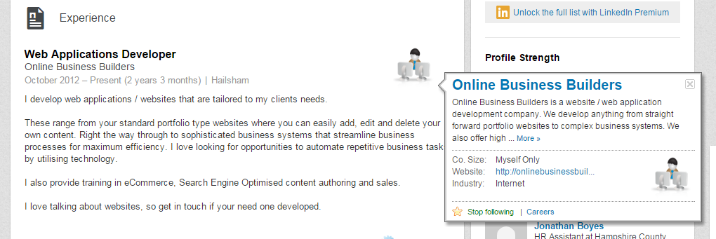 LinkedIn employee profile, with popup for the company including a link to the company website.